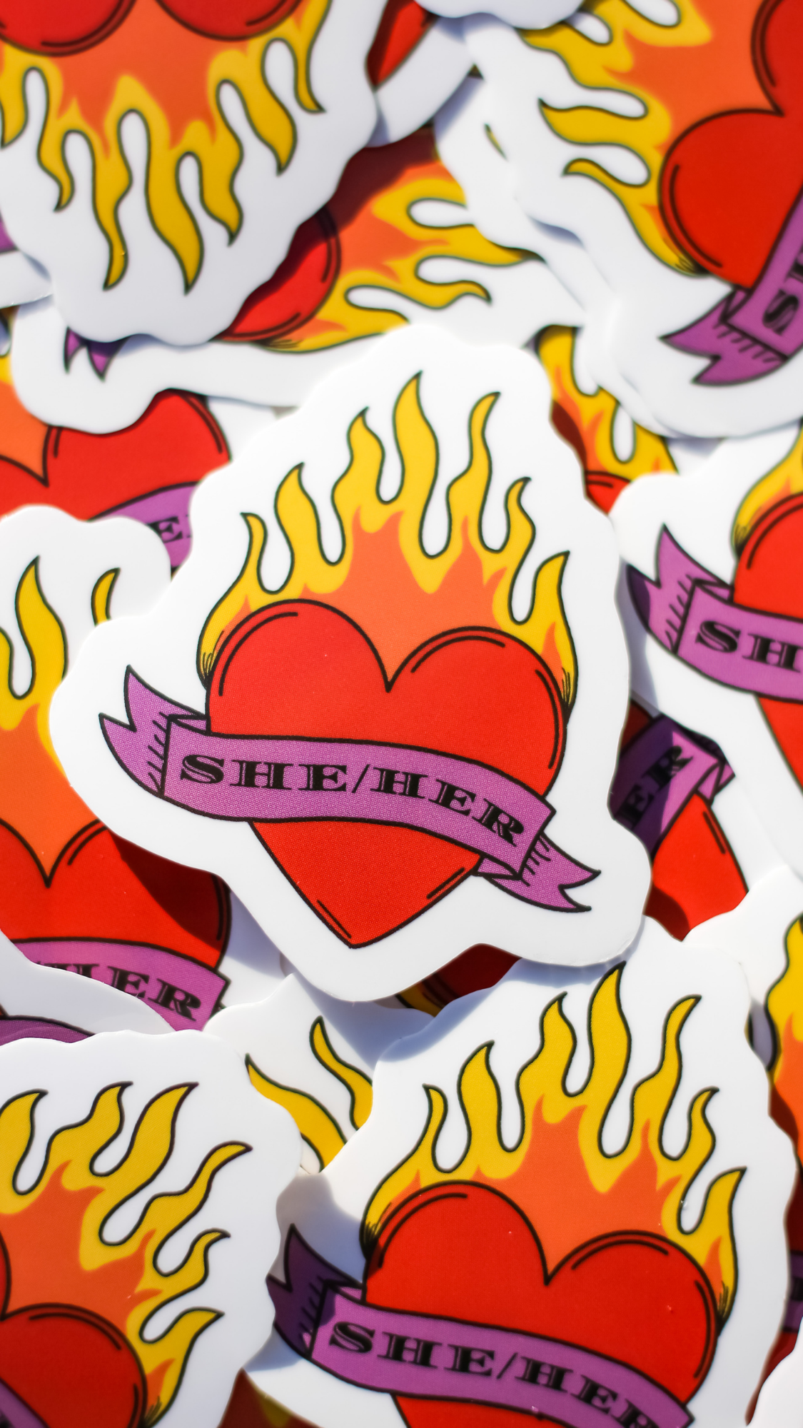 Rainbow Certified - Flaming Heart She/Her Pronoun LGBTQIA+ Stickers