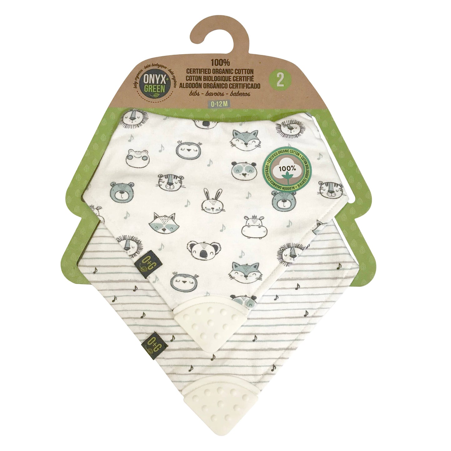 ONYX AND GREEN BABY ORGANICS - 2pk bibs + chewy teether, 100% organic cotton, 0-12M, 2 prin