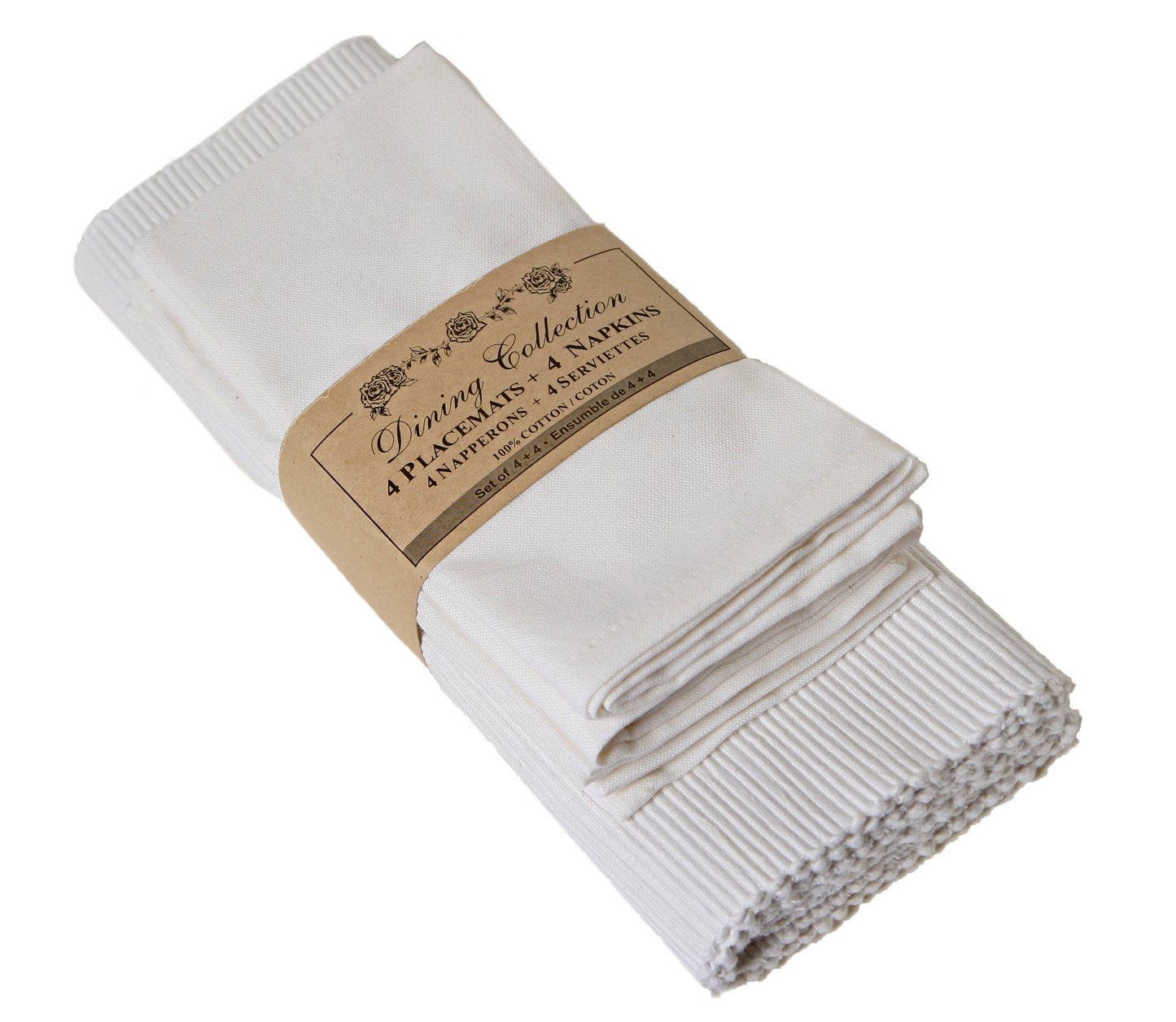 Accent Linen - Placemats 4 + 4 Napkins Set - White