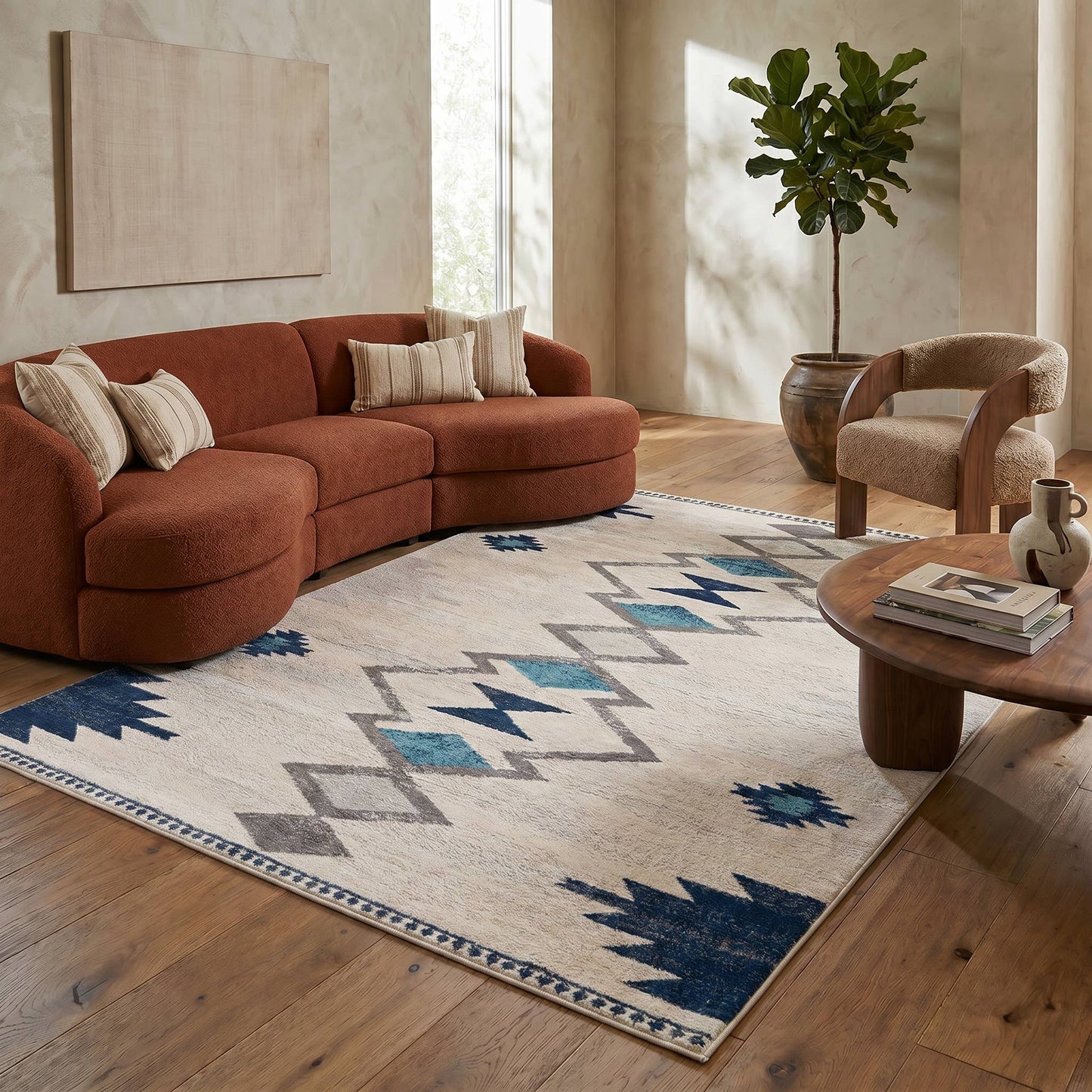 Koshani - Splash Boho Blue Beige Indoor Area Rug: Cream / 4x6 / Southwestern