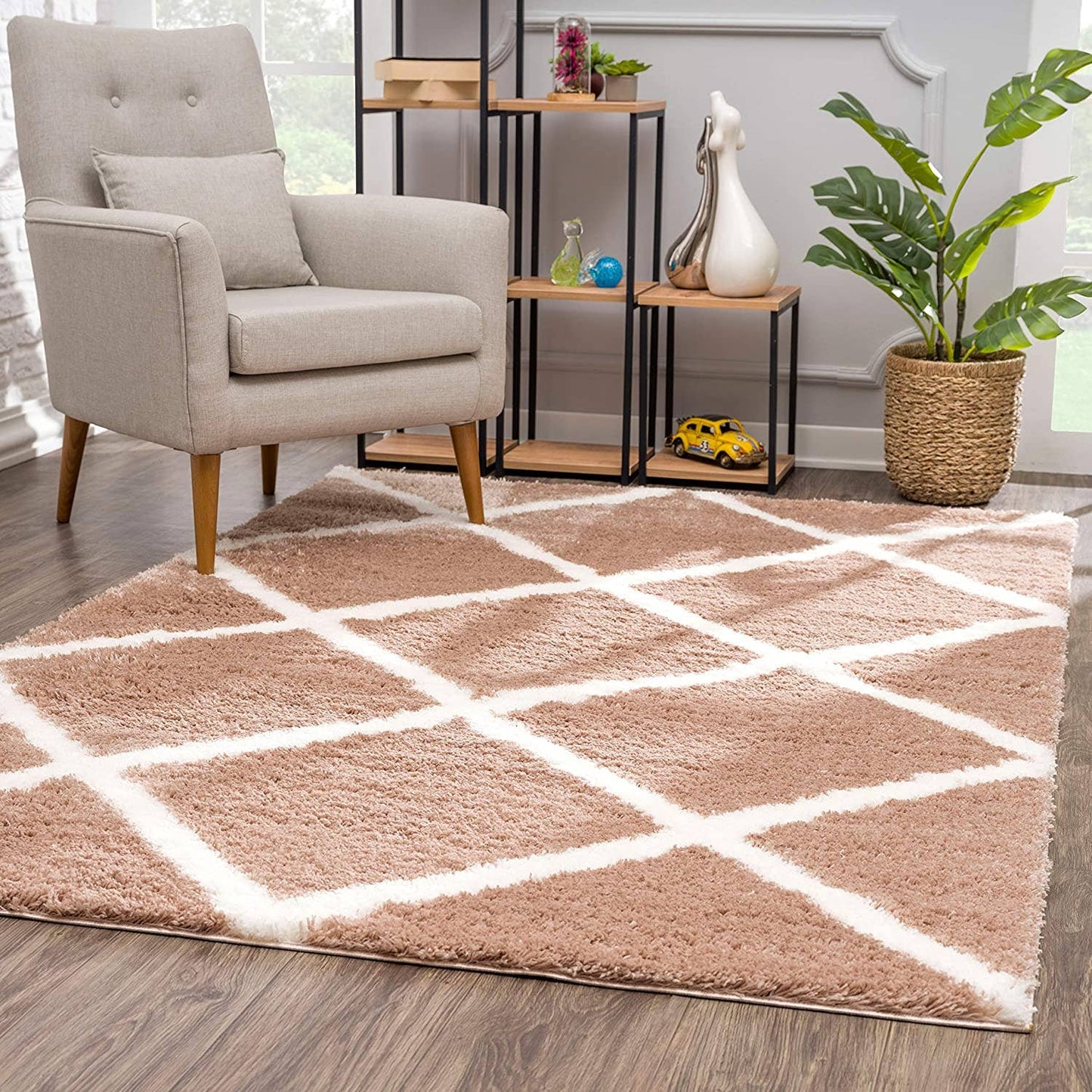 Koshani - Puffy Boho Shag Brown White Indoor Area Rug: Beige / 4x6 / Trellis