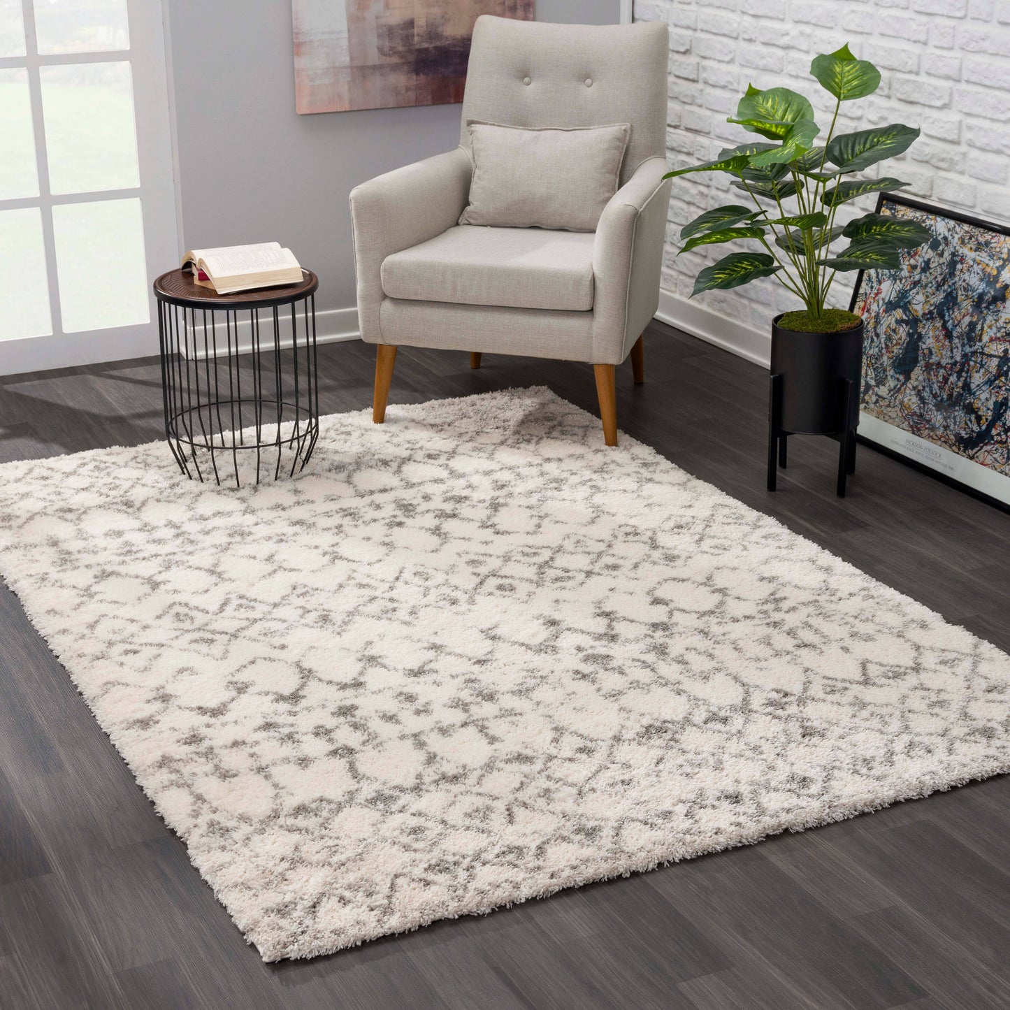 Koshani - Puffy Boho Shag Beige Grey Indoor Area Rug: 4x6