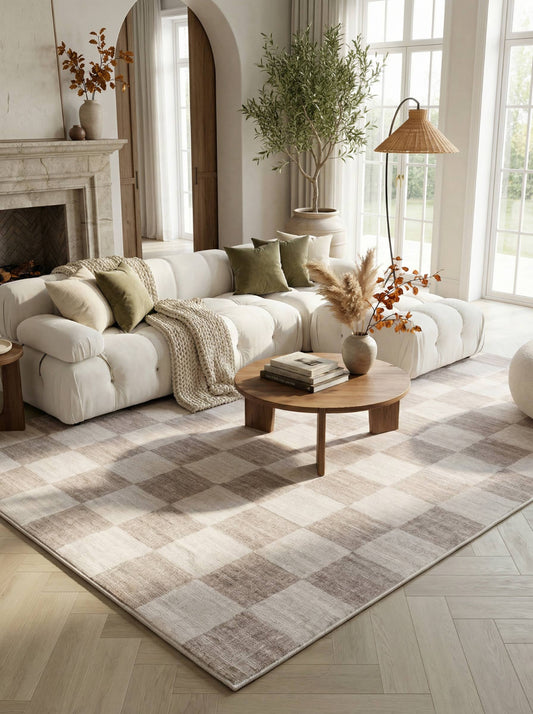 Koshani - Checkered Beige Brown Indoor Soft Area Rug: Checkered / 4X6