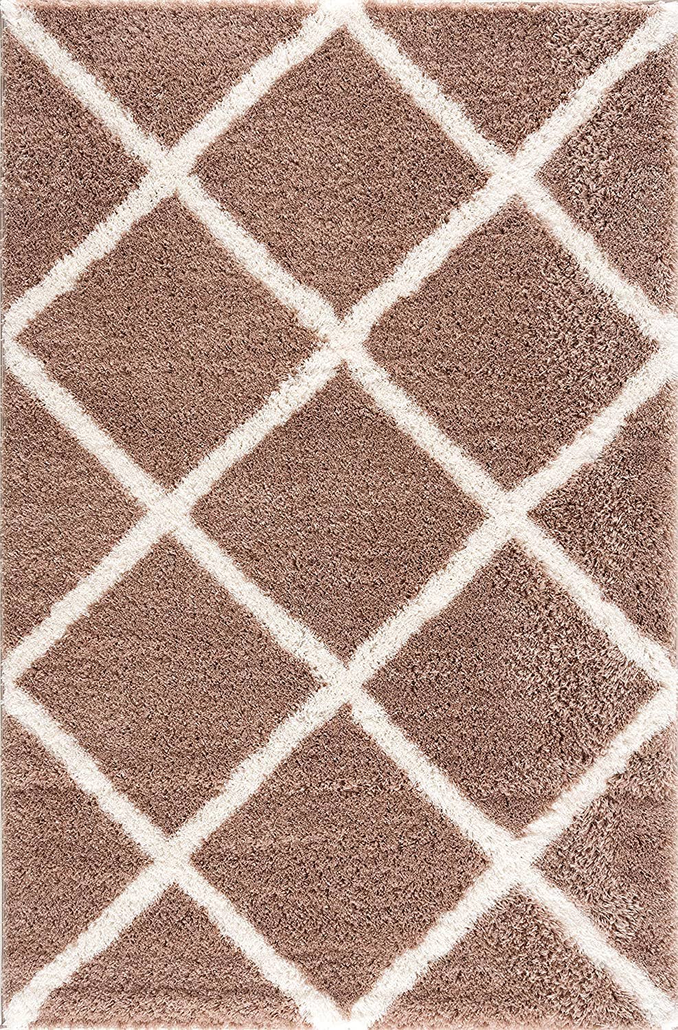 Koshani - Puffy Boho Shag Brown White Indoor Area Rug: Beige / 4x6 / Trellis
