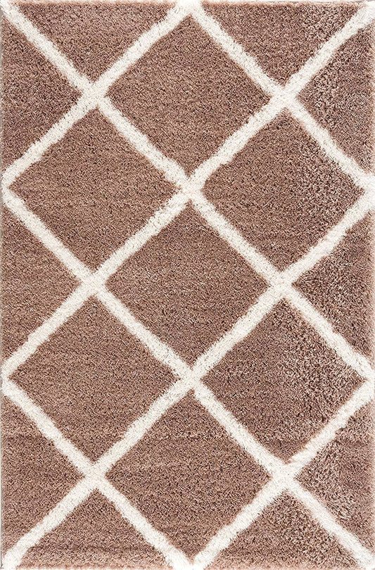 Koshani - Puffy Boho Shag Brown White Indoor Area Rug: Beige / 4x6 / Trellis
