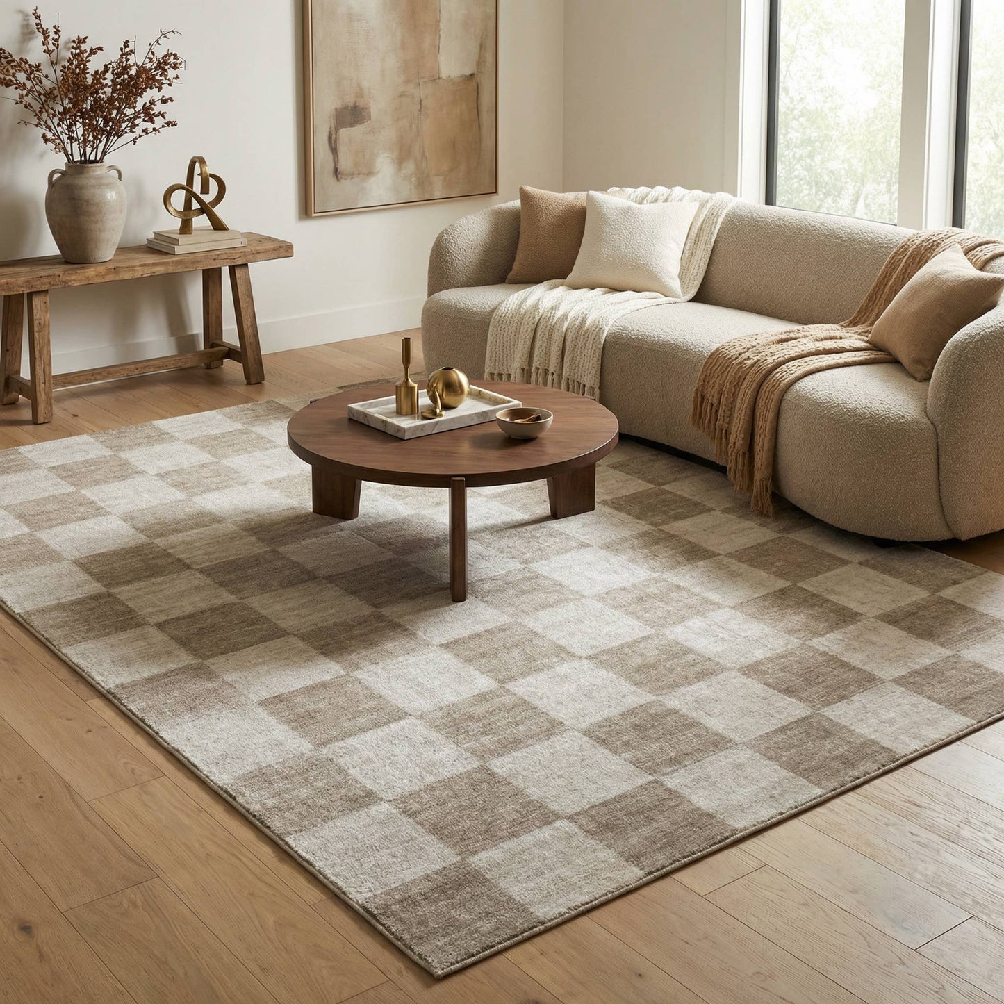 Koshani - Checkered Beige Brown Indoor Soft Area Rug: Checkered / 4X6