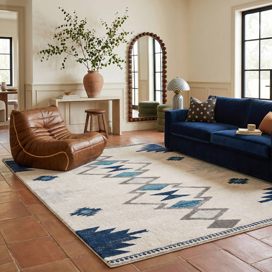 Koshani - Splash Boho Blue Beige Indoor Area Rug: Cream / 4x6 / Southwestern