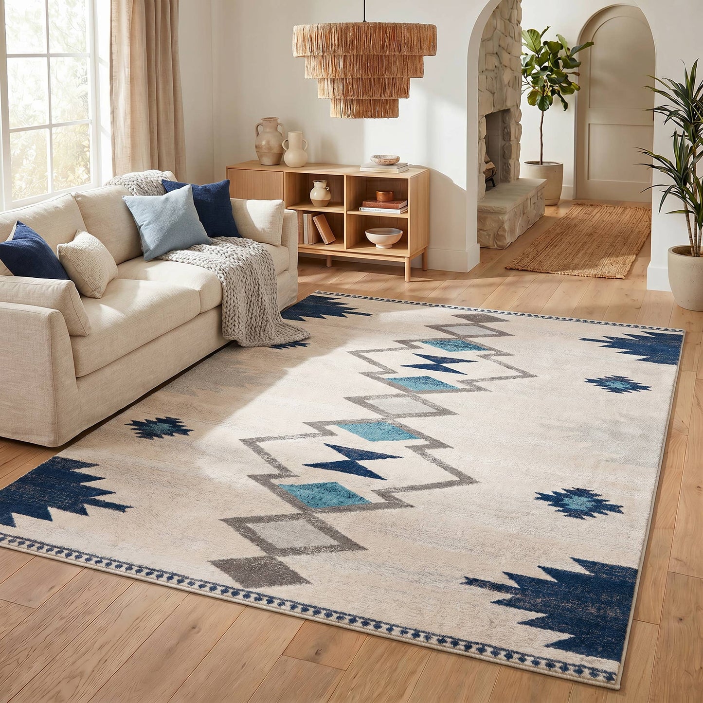 Koshani - Splash Boho Blue Beige Indoor Area Rug: Cream / 4x6 / Southwestern