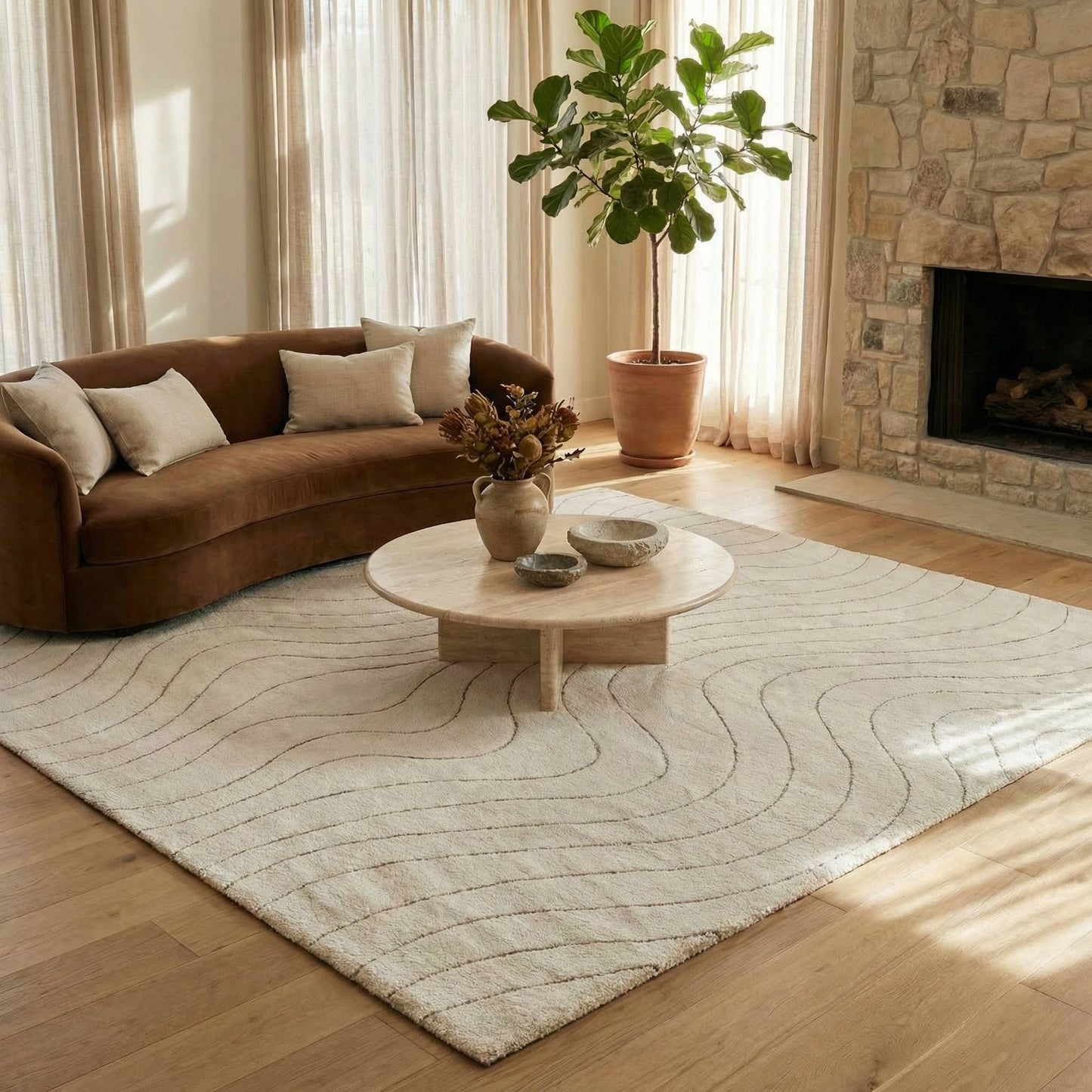 Koshani - Milano Abstract Wave Beige Cream Indoor Area Rug: 4x6