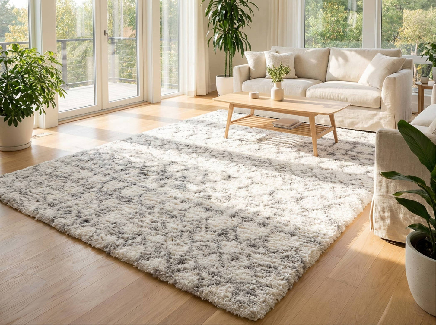 Koshani - Puffy Boho Shag Beige Grey Indoor Area Rug: 4x6