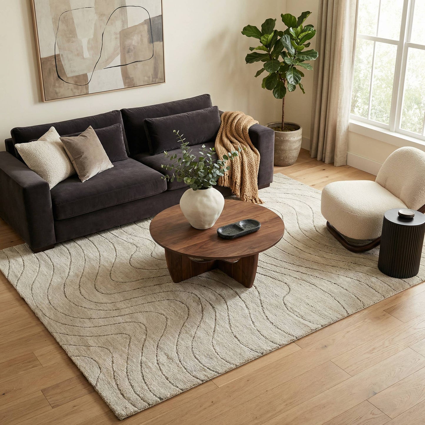 Koshani - Milano Abstract Wave Beige Cream Indoor Area Rug: 4x6