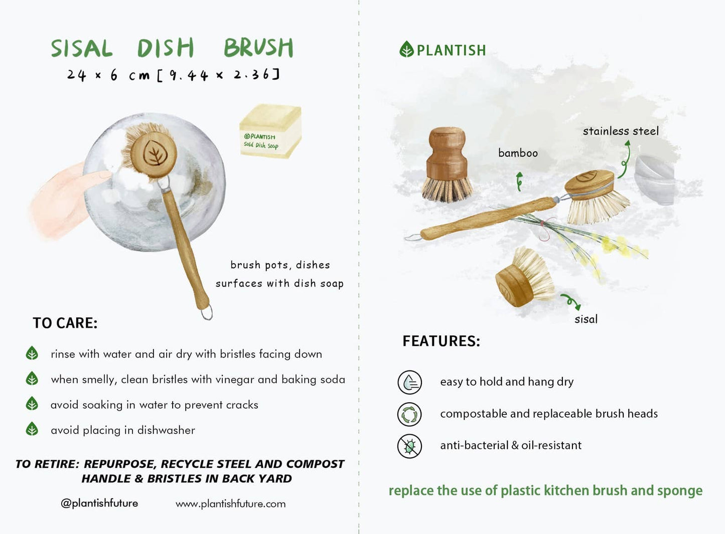 Plantish | Sisal Dish Brush Refill (Brush Head Only): 1 Refill / Bamboo