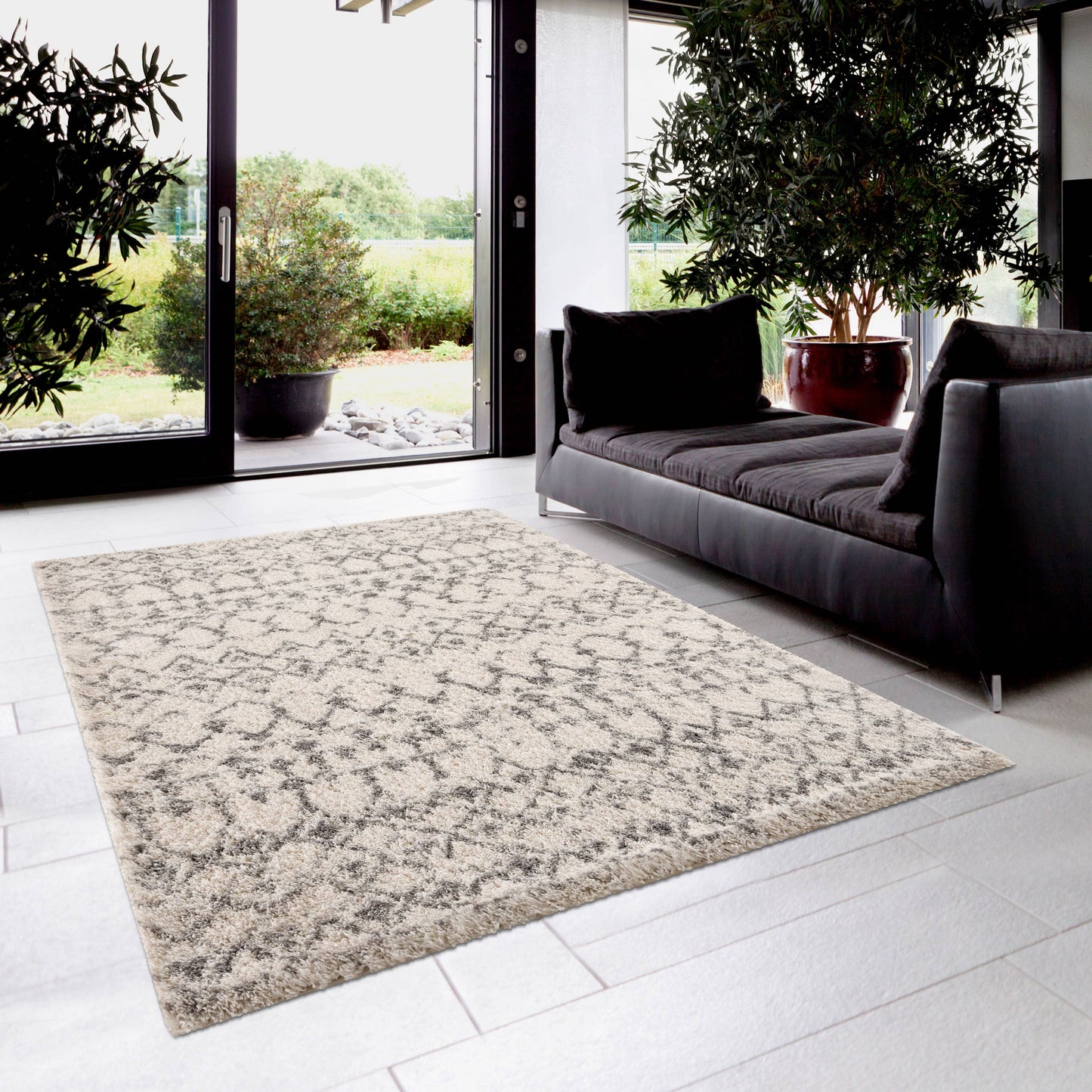 Koshani - Puffy Boho Shag Beige Grey Indoor Area Rug: 4x6