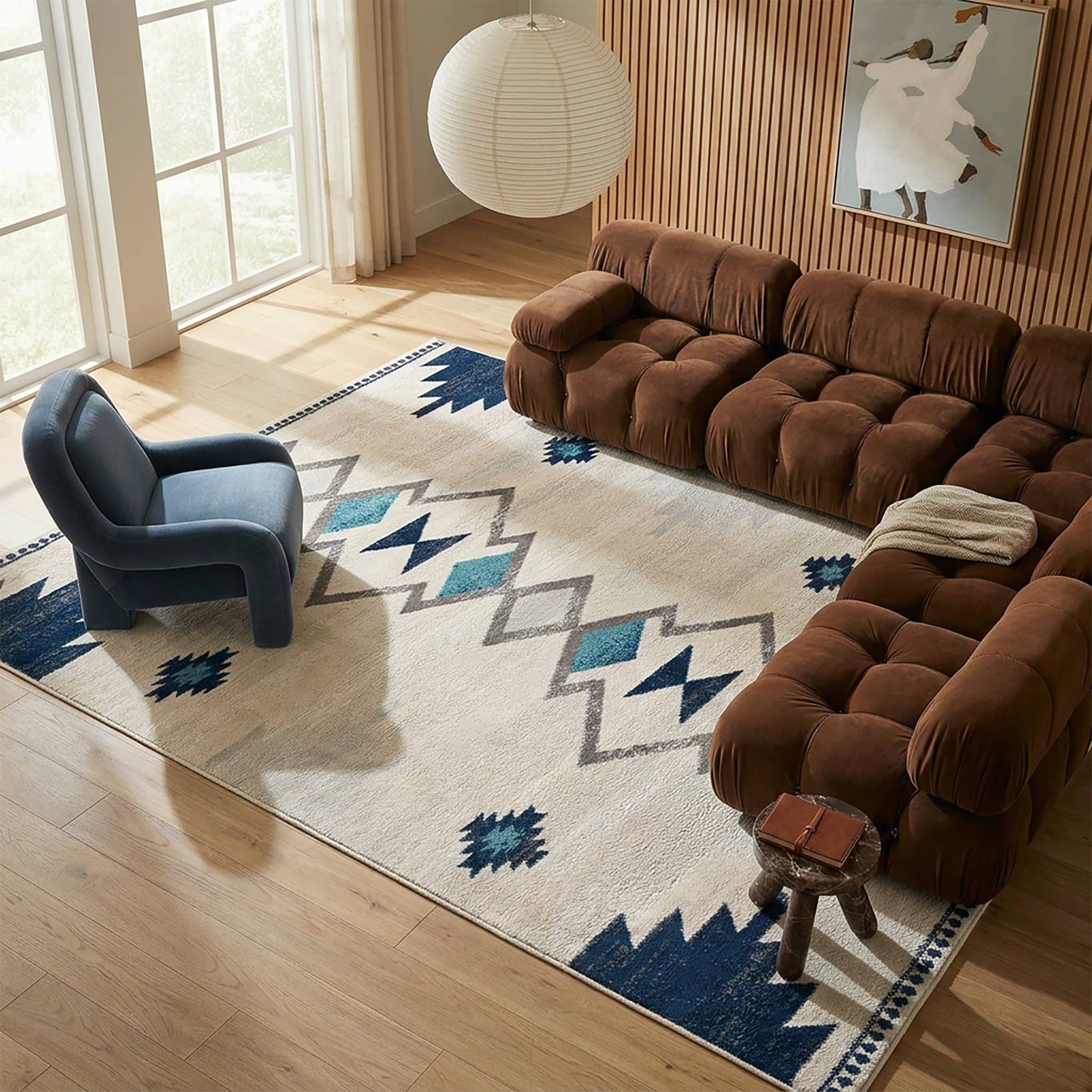 Koshani - Splash Boho Blue Beige Indoor Area Rug: Cream / 4x6 / Southwestern