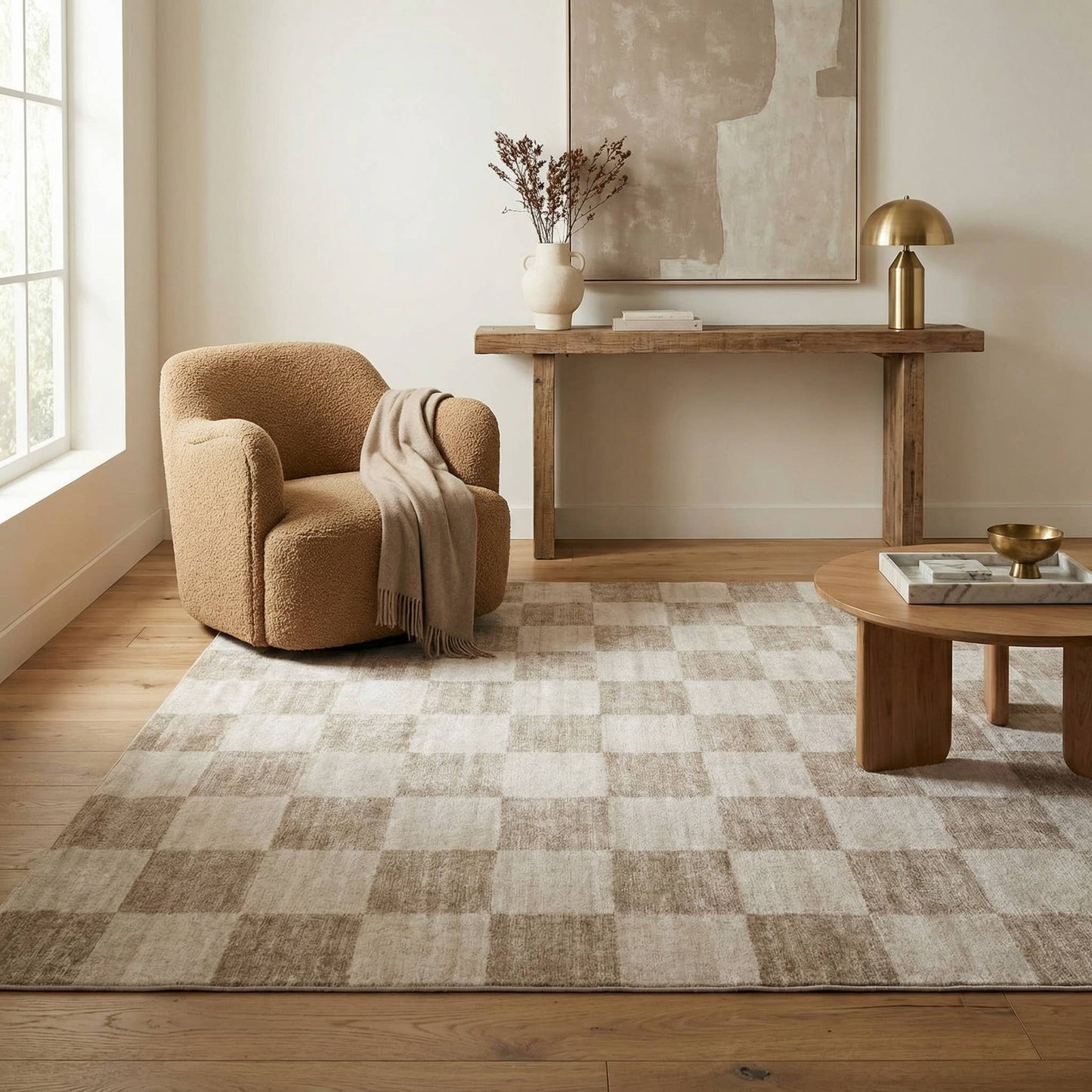 Koshani - Checkered Beige Brown Indoor Soft Area Rug: Checkered / 5X7
