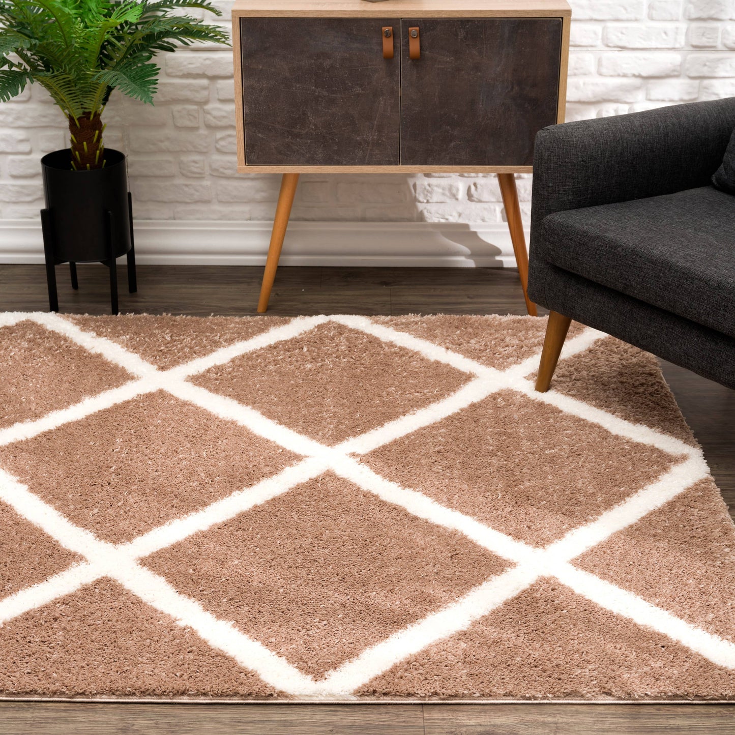 Koshani - Puffy Boho Shag Brown White Indoor Area Rug: Beige / 4x6 / Trellis