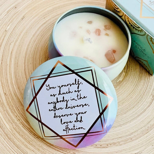 Tiny Gift Society - Inspirational Candle w Healing Gem Stones | Soy Tin Candle