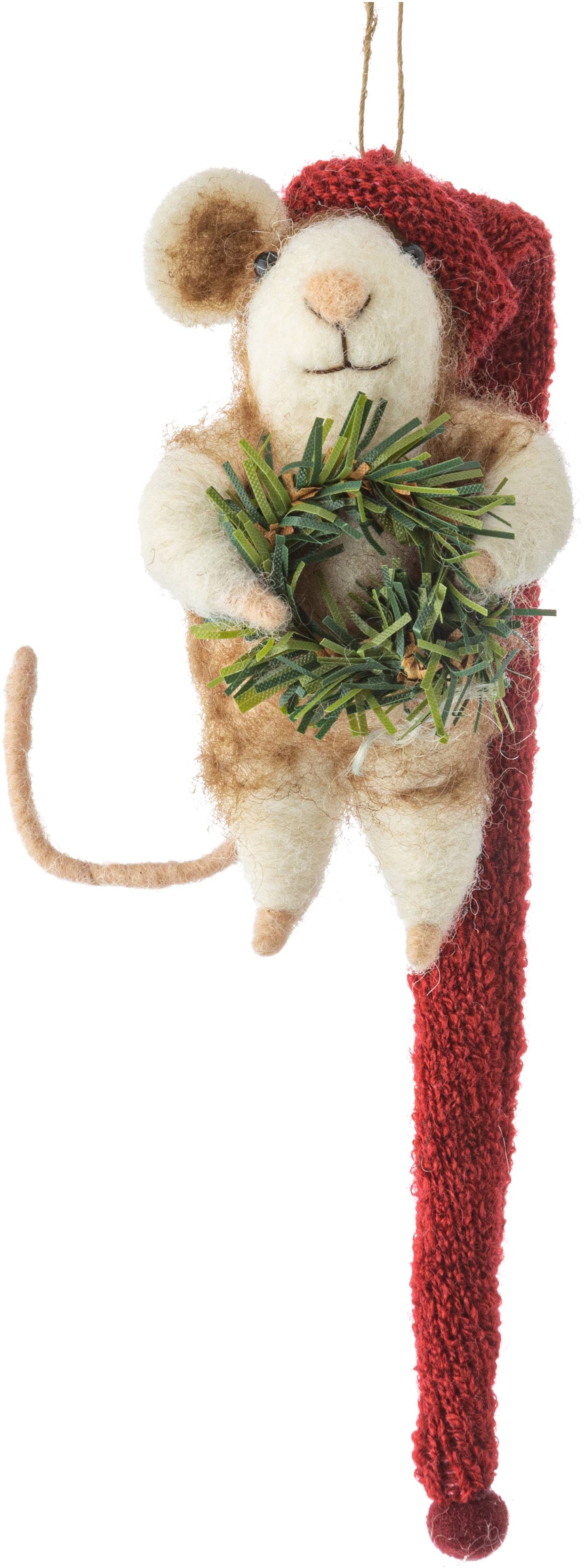 Silver Tree Home & Holiday | Felt Mouse w/ long red knit Santa hat holding wreath