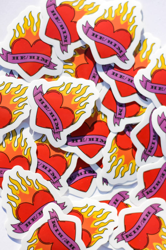 Rainbow Certified | Sticker - Flaming Heart He/Him LGBTQIA+