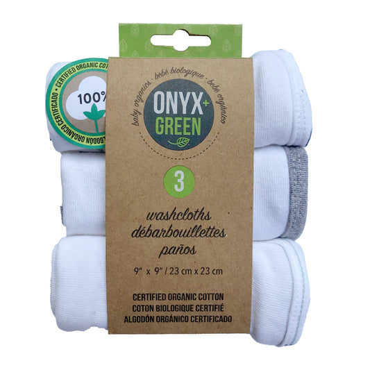 ONYX AND GREEN BABY ORGANICS - 3pk washcloths, 9''x9'', 80% organic cotton/20% polyester