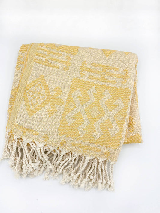 Kalkedon Towels - Mexican Blanket | Yellow Aztec Throw | Turkish Cotton Beach Towel